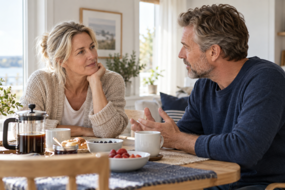 A couple talking together at a breakfast table.