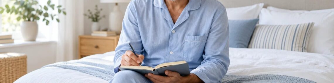 Man writing in a sleep diary while sitting on the edge of a bed.