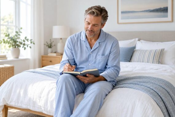 Man writing in a sleep diary while sitting on the edge of a bed.