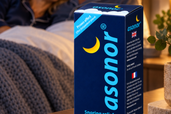 Asonor package on a bedside table with a couple resting in the background.